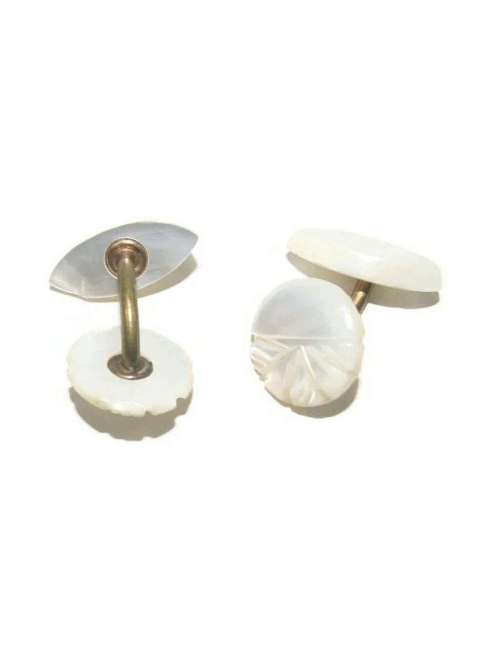 Antique Edwardian Gold Tone and Carved Mother of Pearl Cuff Links.